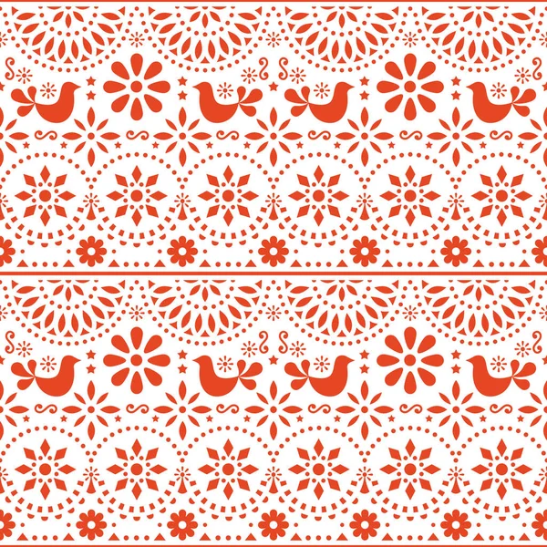 Patrón inconsútil del vector del arte popular mexicano con pájaros y flores, diseño de fiesta roja inspirado en el arte tradicional de México — Vector de stock
