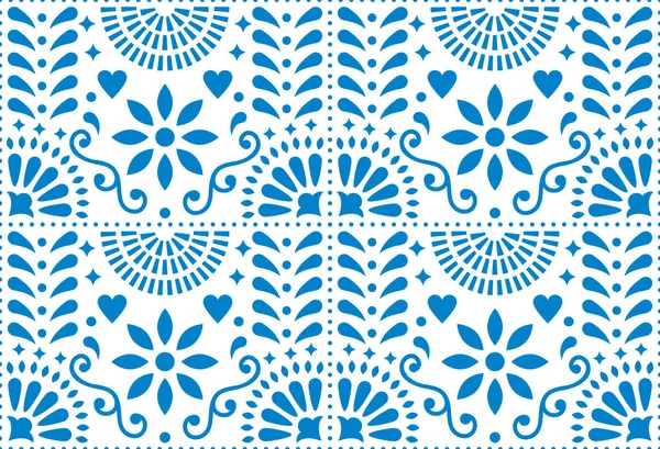 Folk art vector seamless pattern, Mexican blue design with flowers inspired by traditional art form Mexico — Stock Vector