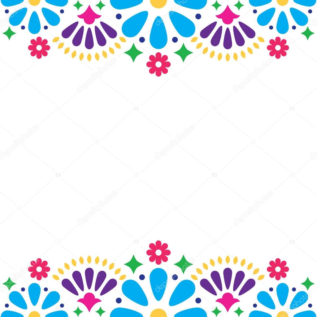 Mexican folk vector wedding or party invitation, floral happy greeting card, colorful design with flowers and abstract shapes