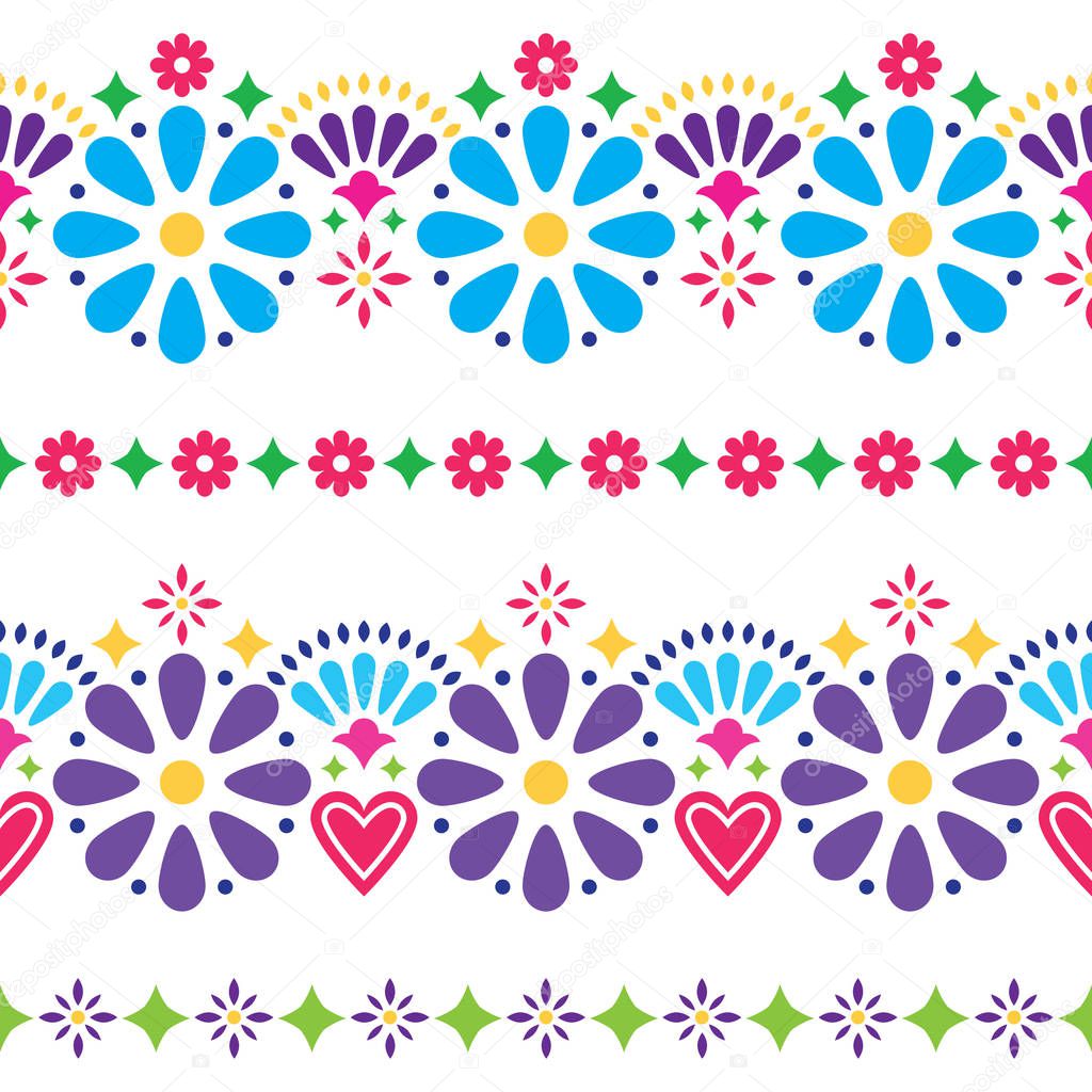 Mexican folk seamless vector background - colorful long designs with flowers 