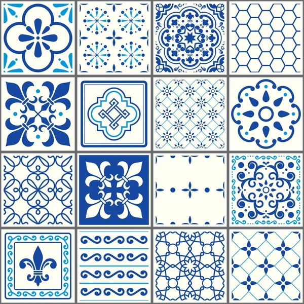 Portuguese tiles pattern, Lisbon seamless navy blue tiles, Azulejos vintage geometric ceramic design — Stock Vector