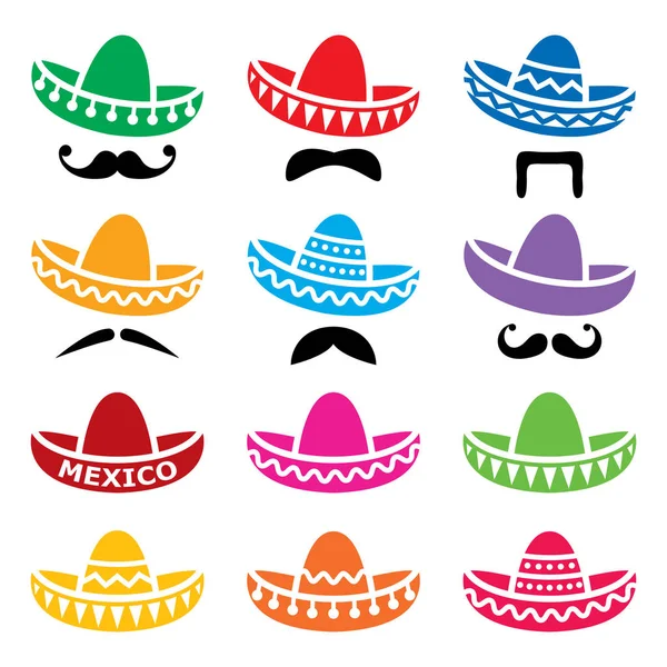 Mexican Sombrero hat z wąsów lub wąsy wektor zestaw ikon — Wektor stockowy