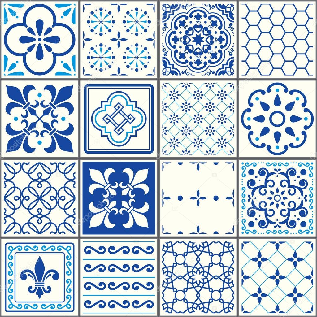 Portuguese tiles pattern, Lisbon seamless navy blue tiles, Azulejos vintage geometric ceramic design