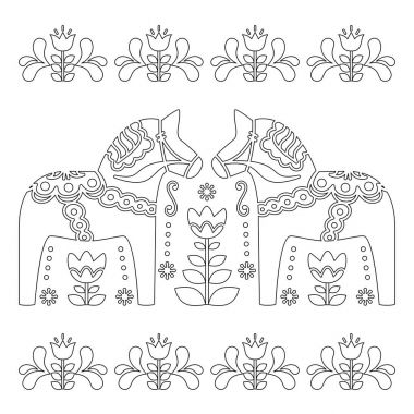 Scandinavian outline vector design, Swedish Dala or Dalecarlian horse pattern, coloring book for adults   clipart