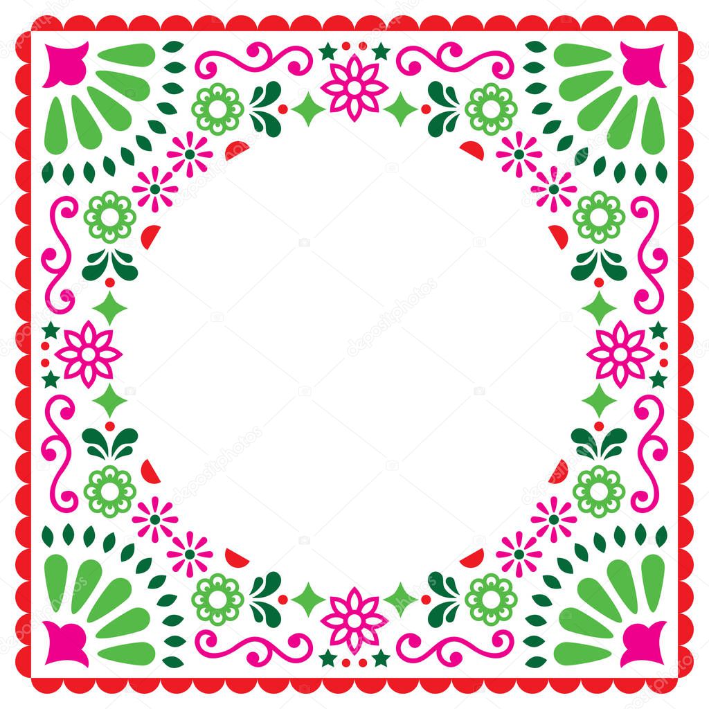Folk vector greeting card, Mexican style wedding or party invitation, floral pink and green design 