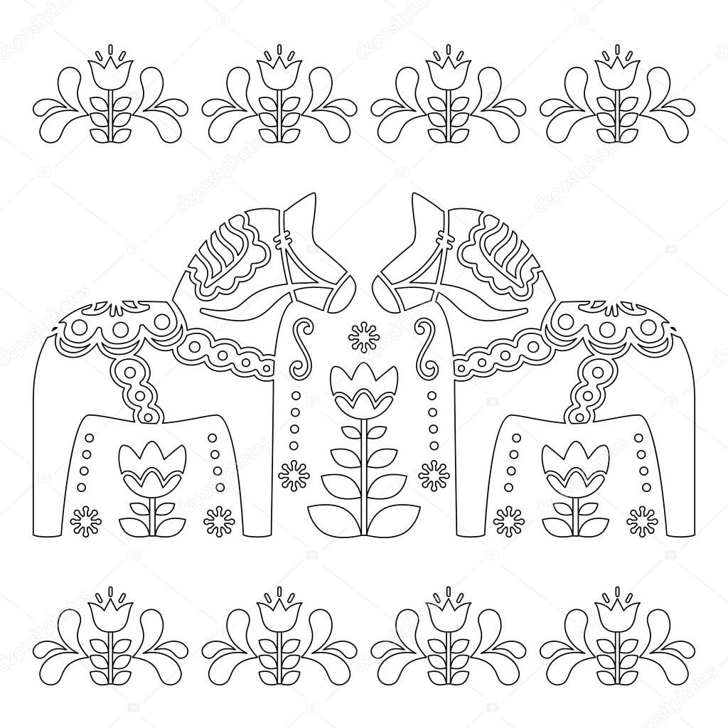 Scandinavian outline vector design, Swedish Dala or Dalecarlian horse pattern, coloring book for adults  