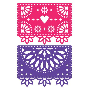 Pasoyu Picado vektör tasarım şablonu ayarla, Meksika kağıt süsleme çiçekleri ve geometrik şekiller, iki parti afiş   
