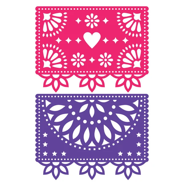 Papel Picado conjunto de diseño de plantillas vectoriales, decoraciones de papel mexicano flores y formas geométricas, pancartas de dos partes — Archivo Imágenes Vectoriales