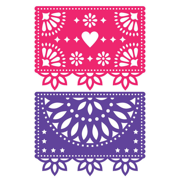 Papel Picado vector template design set, Mexican paper decorations flowers and geometric shapes, two party banners   