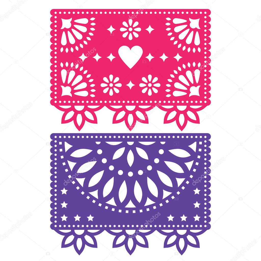 Papel Picado vector template design set, Mexican paper decorations flowers and geometric shapes, two party banners   