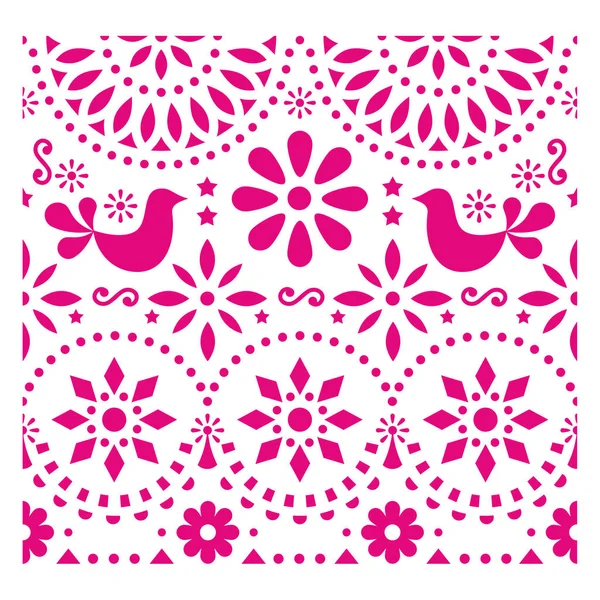 Mexicaanse volkskunst vector patroon met vogels en bloemen, roze fiesta wenskaart ontwerp geïnspireerd door traditionele kunstvorm Mexico — Stockvector