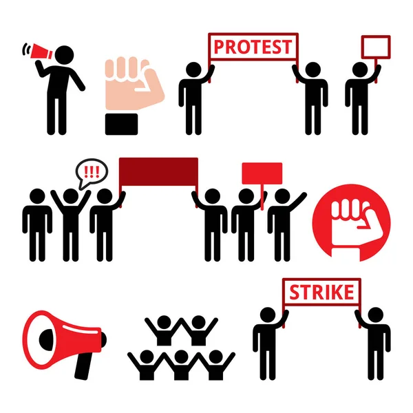 Disegno di protesta, sciopero, persone che manifestano o lottano per i loro diritti set icone vettoriali — Vettoriale Stock