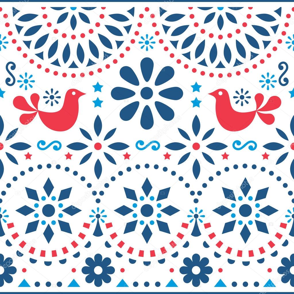 Mexican folk art vector seamless pattern with birds and flowers, red and blue fiesta design inspired by traditional art form Mexico   