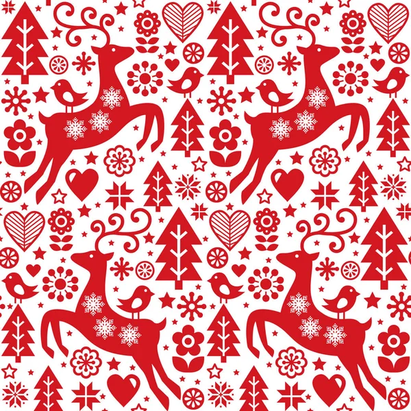 Christmas folk red seamless vector pattern, Scandinavian folk art, reindeer, birds and flowers decoration, wallpaper — Stock Vector