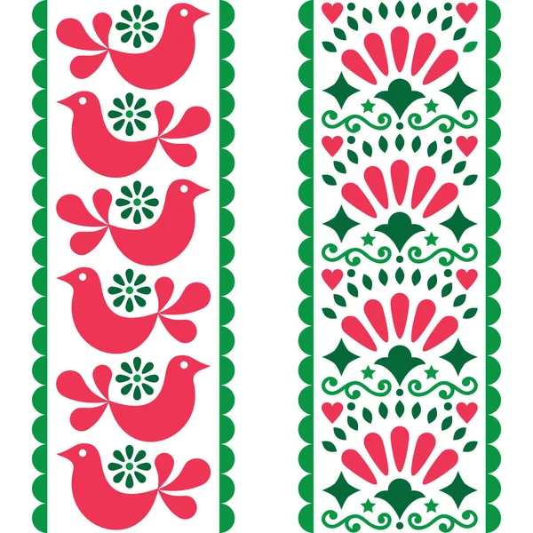 Padrão de arte popular sem costura - estilo mexicano listras longas design com pássaros e flores em rosa e verde — Vetor de Stock