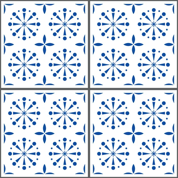 葡萄牙矢量平铺模式、 里斯本无缝靛蓝蓝色瓷砖、 阿苏莱霍斯复古几何陶瓷 — 图库矢量图片