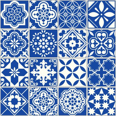 İspanyolca veya Portekizce vektör döşeme deseni, Lizbon çiçek Mozaik, Akdeniz sorunsuz lacivert süsleme