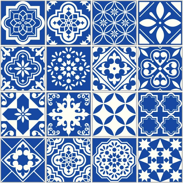 Spanish or Portuguese vector tile pattern, Lisbon floral mosaic, Mediterranean seamless navy blue ornament — Stock Vector