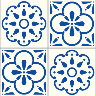 Azulejos Portekizce vektör çini deseni, Lizbon sorunsuz çivit mavi çini tasarım kümesi, İspanyol vektör arka plan