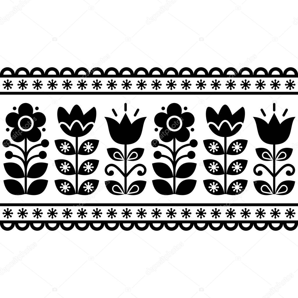 Swedish floral retro pattern - seamless long traditional folk art black and white vector design 
