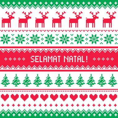 Selamat Natal - Merry Christmas Inonesian tebrik kartı, İskandinav tarzı desen redineed ve Noel ağaçları ile