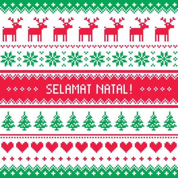 Selamat Natal - Merry Christmas in Inonesian greeting card, Nordic style pattern with redineed and Xmas trees — Stock Vector