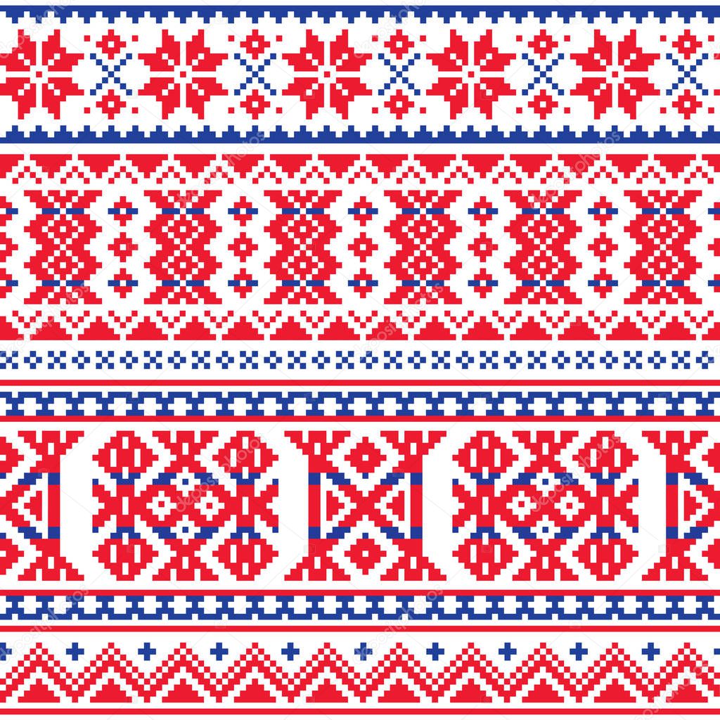 Lapland, Sami people vector seamless pattern, Scandinavian, Nordic folk art in red and blue