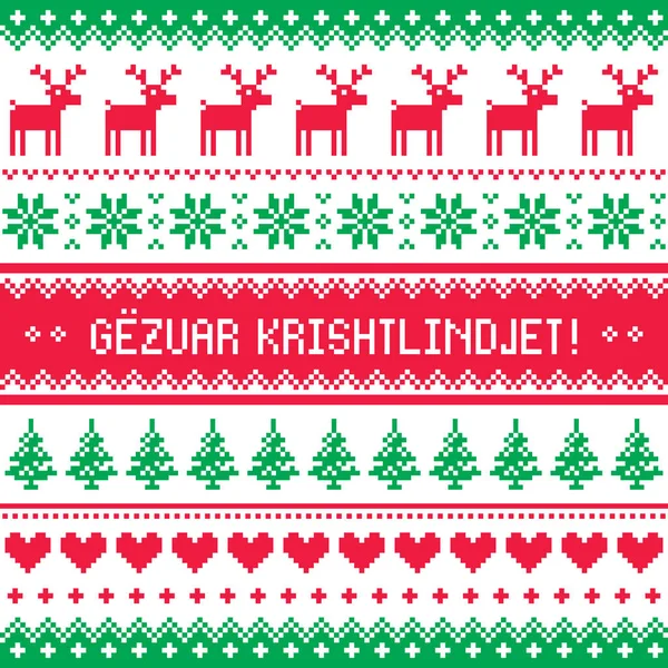 Gezuar Krishtlindjet - vinter röd och grön gretting kort, för att fira jul i Albanien - skandinavisk stil mönster — Stock vektor