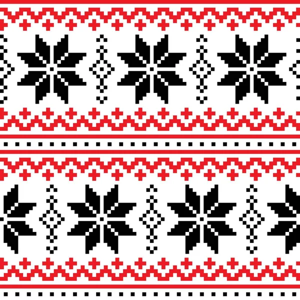 Noël, motif sans couture vectoriel d'hiver avec flocons de neige, point de croix design répétitif, carte de vœux scandinave — Image vectorielle