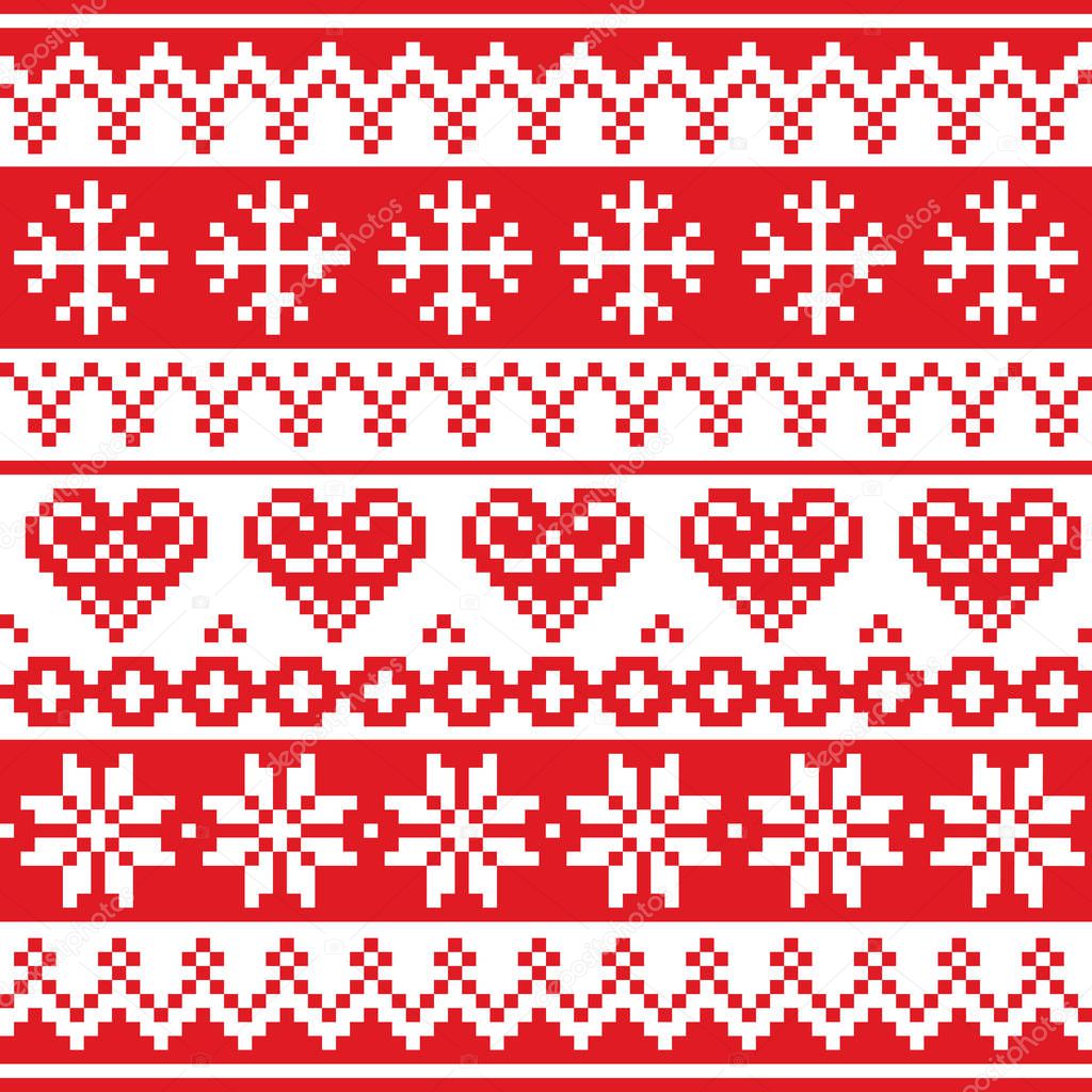  Christmas, winter vector seamless pattern, cross-stitch repetitive design, Scandinavian greeting card  