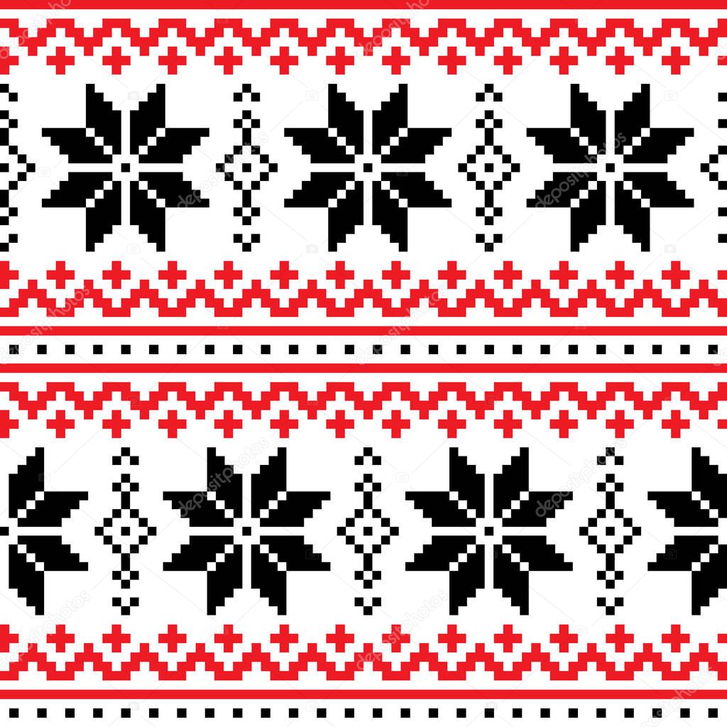 Christmas, winter vector seamless pattern with snowflakes, cross-stitch repetitive design, Scandinavian greeting card