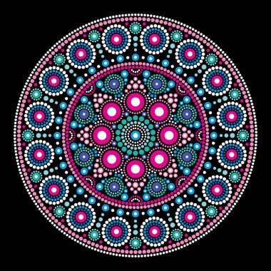 Resim Stili, yerli halk sanatı, Avustralya geleneksel etnik tasarım soyut mandala noktalı, daireler geleneksel, yerli sanat Avustralya, geometrik kompozisyon pembe, mavi ve yeşil siyah arka plan üzerine esinlenerek mandala vektör nokta 
