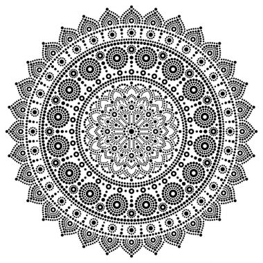 Mandala vektör tek renkli tasarımı, yerli nokta resim stili, Avustralya..... .sokak sanatı boho tarzı. Siyah ve beyaz Avustralya geleneksel sanat esinlenerek mandalalar nokta deseni