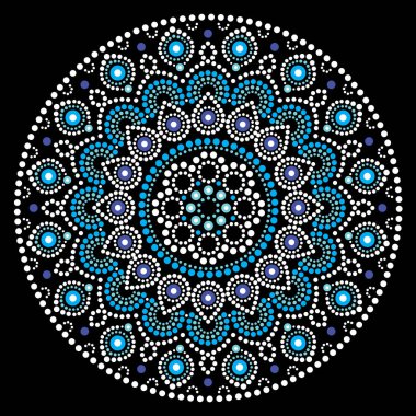 Mandala vektör sanat, beyaz ve mavi tasarım, yerli halk sanat bohem tarzı boyama Avustralya nokta. Mandalalar Mary'e arka plan Avustralya'dan, boho dekorasyon geleneksel sanat esinlenerek