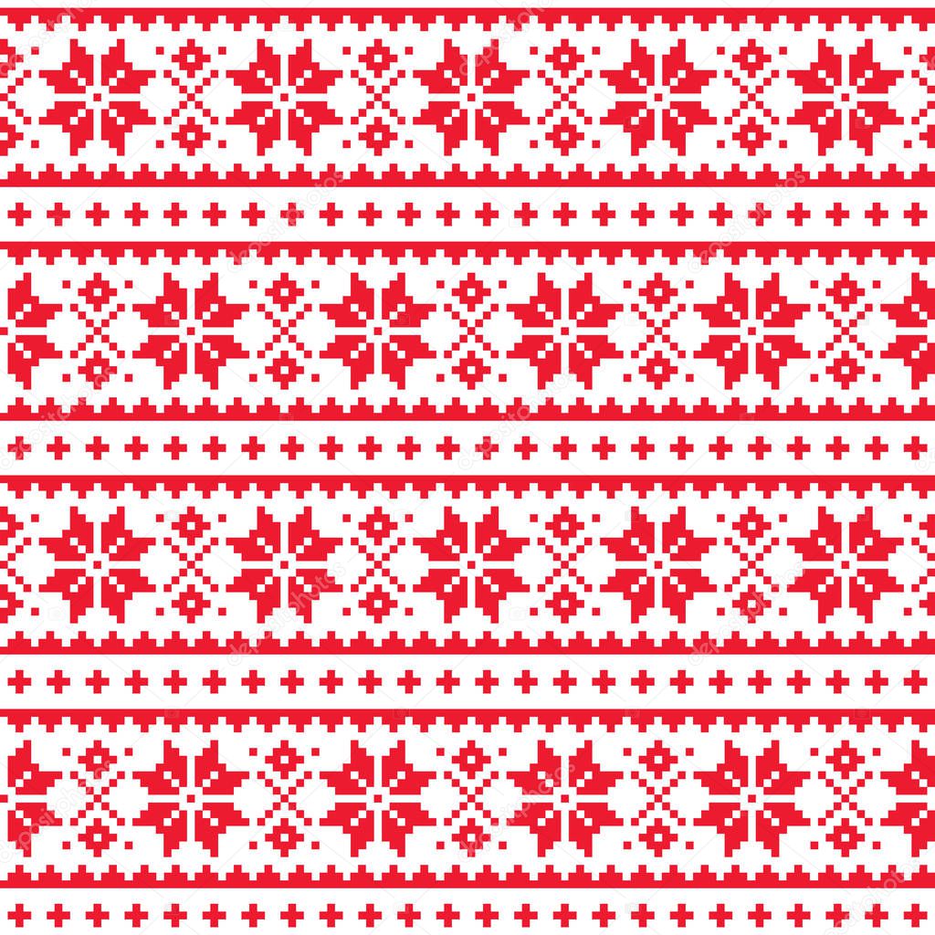 Christmas, winter seamless vector pattern, Scandianvian Lapland folk art design, cross stitch background
