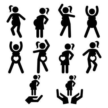 Gebelik egzersiz, gebelik yoga ya da pilates, hamile kadın fitness vektör simgeleri yapıyor ayarla 