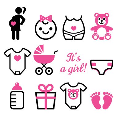 Bebek kız duş vector Icons set, kız, yeni doğan bebek tasarım ile hamile womant 