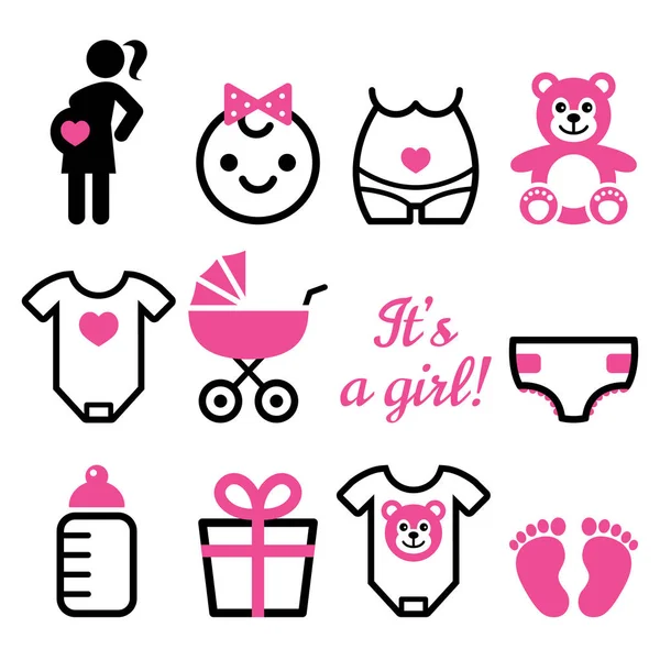 Bebek Kız Duş Vector Icons Set Kız Yeni Doğan Bebek — Stok Vektör