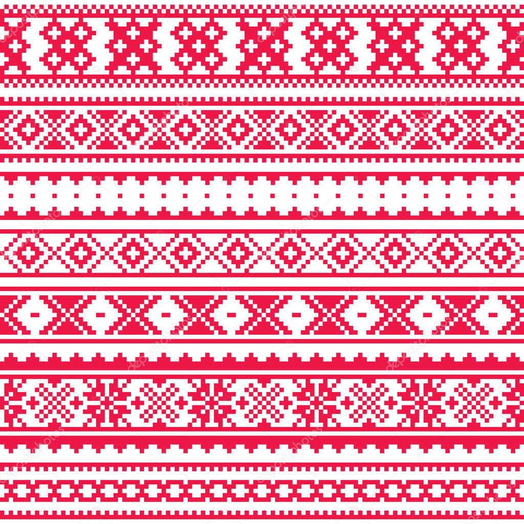 Lapland traditional red folk art design, Sami vector seamless pattern, Scandinavian, Nordic background