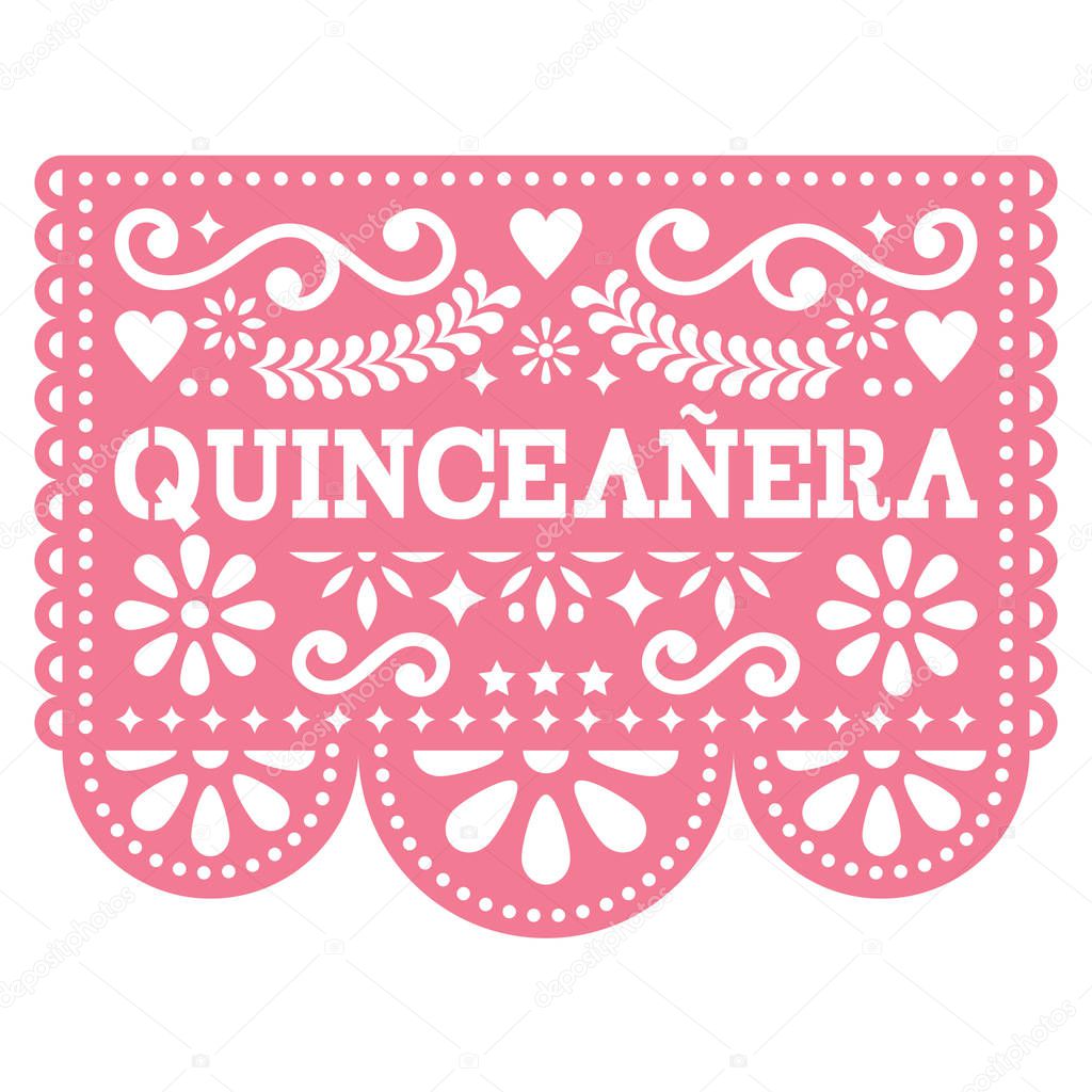 Quinceanera Papel Picado vector design - Mexican folk art birthday party design, paper decoration with floral pattern
