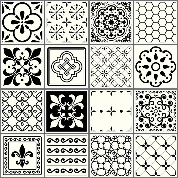 Carreaux Portugais Carreaux Noirs Blancs Sans Couture Lisbonne Design Céramique — Image vectorielle
