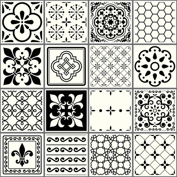 Portugál Csempe Mintás Lisszabon Varrat Nélküli Fekete Fehér Csempe Azulejos — Stock Vector