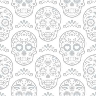 Meksika şeker kafatası vektör seamless modeli, Cadılar Bayramı şeker kafatası arka plan, gün ölü kutlama, Calavera tasarım 