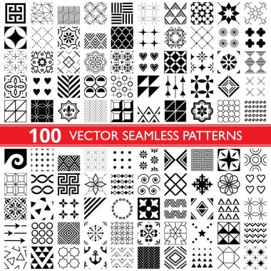 100 vektör Dikişsiz desen koleksiyonu, geometrik evrensel desenler, döşeme ve duvar kağıtları - büyük paket 