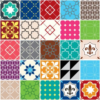 Sorunsuz vektör döşeme deseni, Azulejos döşer, Portekizli geometrik ve bitkisel Tasarım - renkli patchwork. Süs döşeme arka plan, arka plan İspanyolca ve Portekizce geleneksel fayans çiçekler ve soyut şekiller esinlenerek 