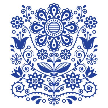 İskandinav vektör halk model, çiçek retro süs tasarım, İskandinav tarzı etnik dekorasyon. Arka plan beyaz üzerine lacivert, Lale ve yaprakları dekorasyon, vintage çiçeklerle geleneksel nakış ilham 