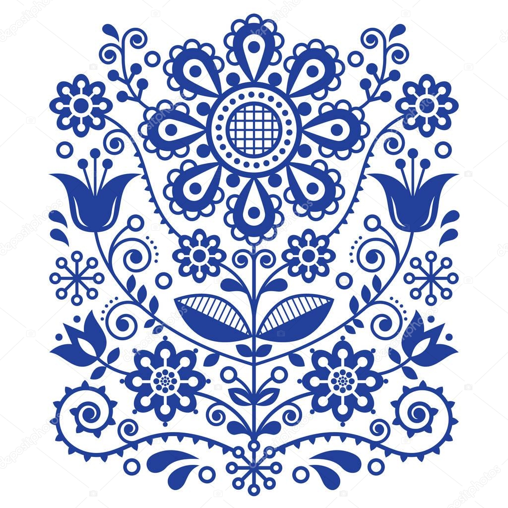 Scandinavian vector folk art pattern, floral retro ornament design, Nordic style ethnic decoration.Traditional embroidery with flowers in navy blue, tulips and leaves decoration, vintage inspired background on white 