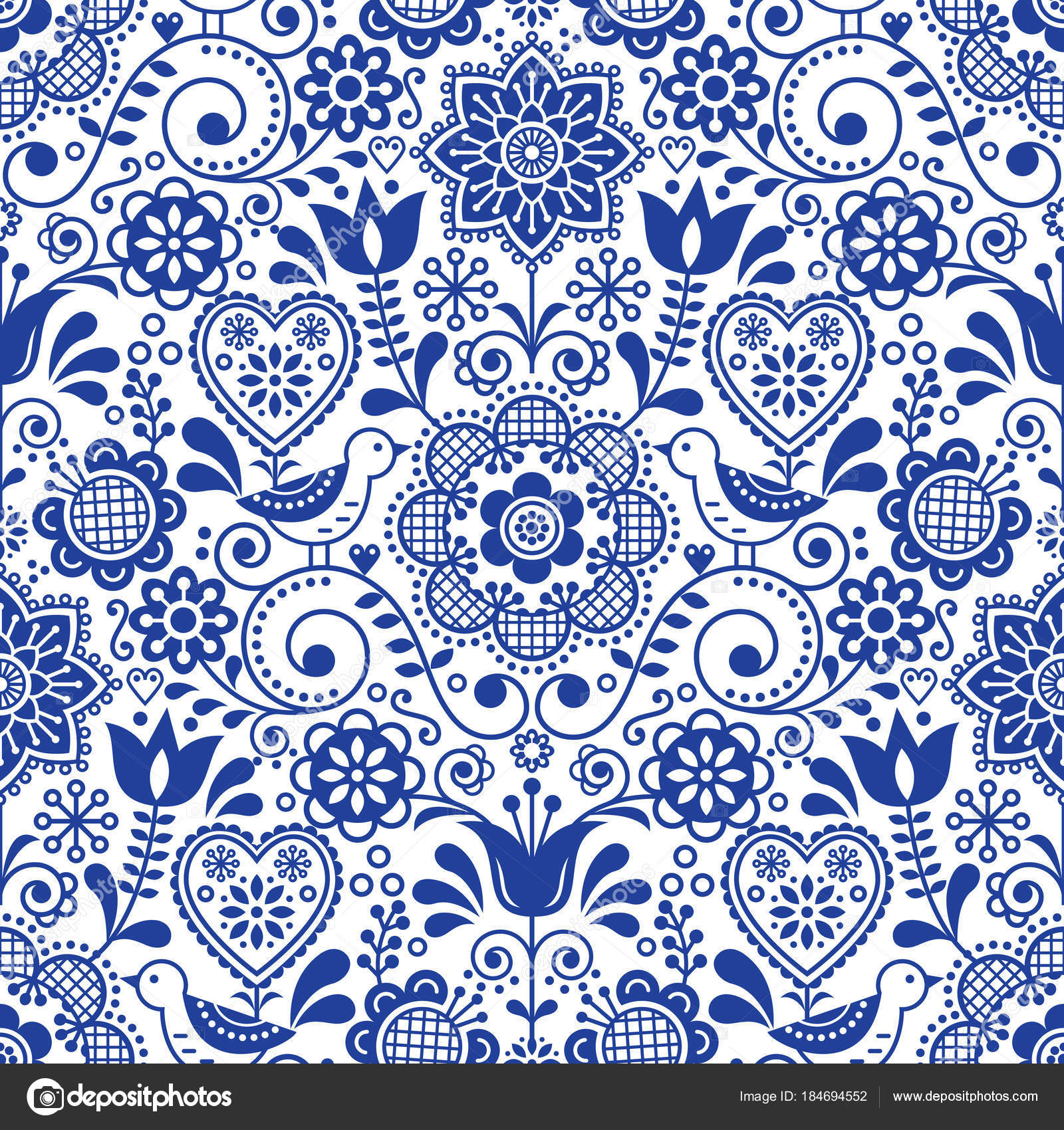 Seamless Folk Art Vector Pattern Birds Flowers Scandinavian Navy Blue