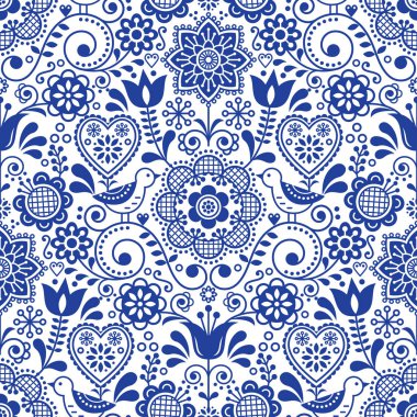 Kuşlar ve çiçekler, İskandinav lacivert tekrarlayan çiçek tasarım ile sorunsuz Halk sanat vektör desen
