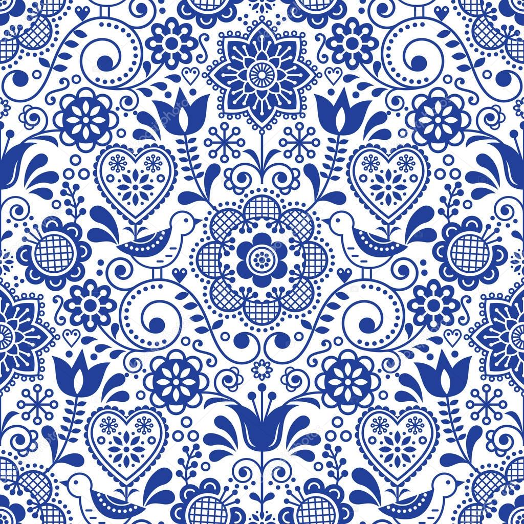 Seamless folk art vector pattern with birds and flowers, Scandinavian navy blue repetitive floral design
